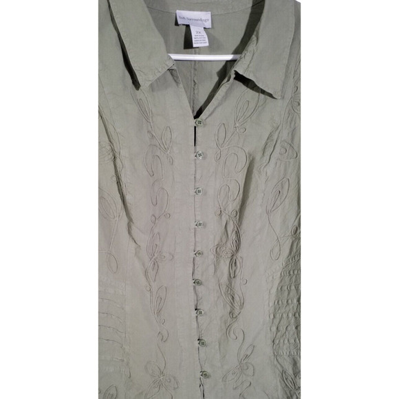 Soft Surroundings Green Embroidered Button Front Collared Top 2X - Picture 2 of 5